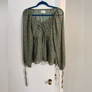Anthropologie Green Floral Blouse with Long Sleeves Sz Small